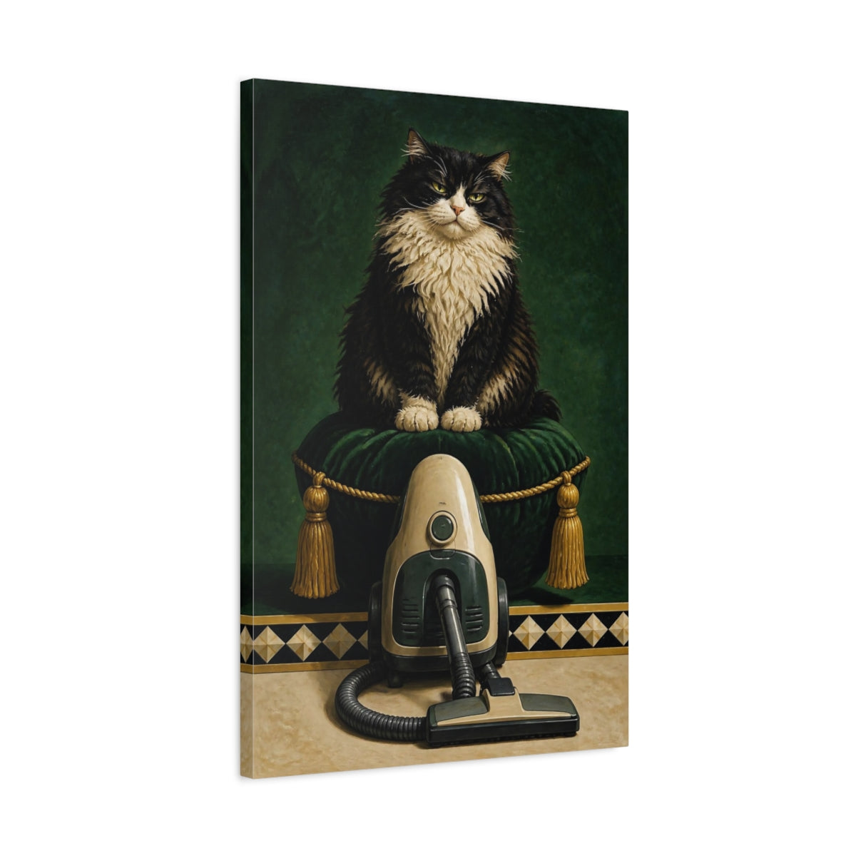 Side Mockup 2. Funny Tuxedo Cat shown as canvas print