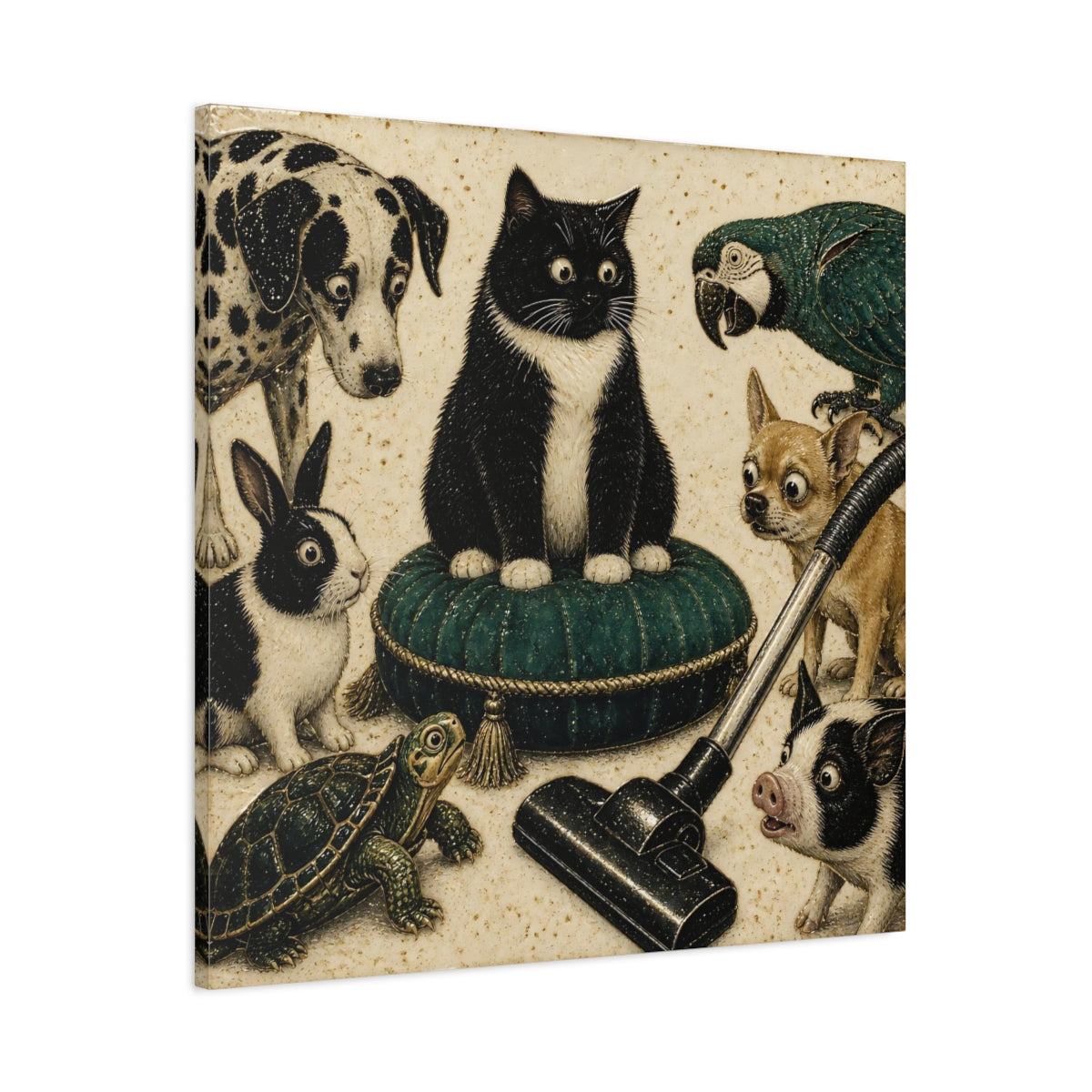 Main Mockup. Funny Tuxedo Cat Cushion shown as canvas print
