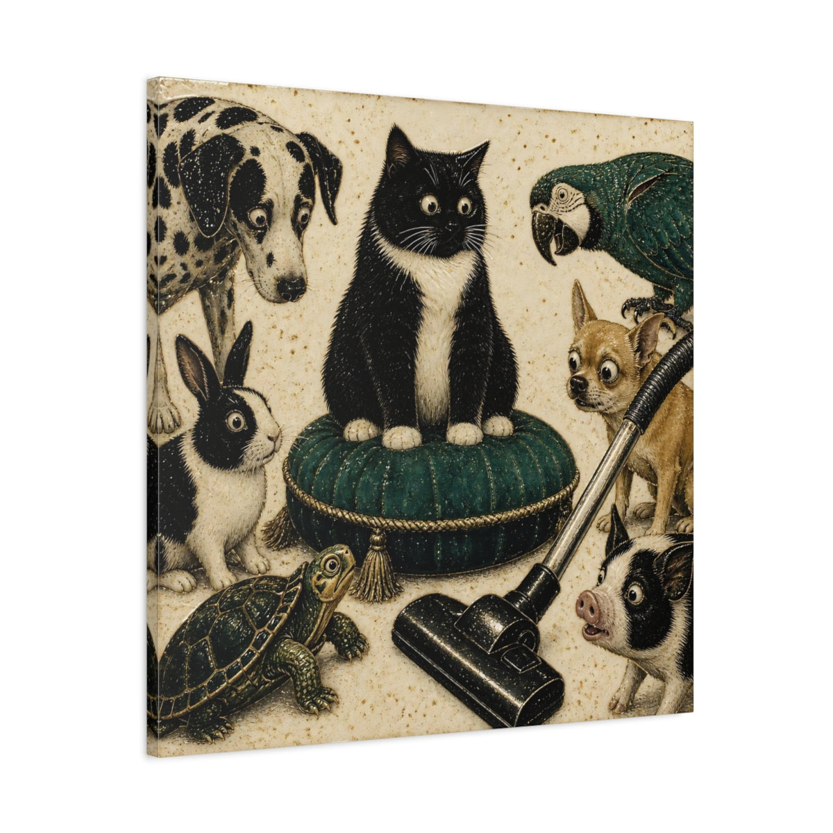 Side Mockup 3. Funny Tuxedo Cat Cushion shown as canvas print