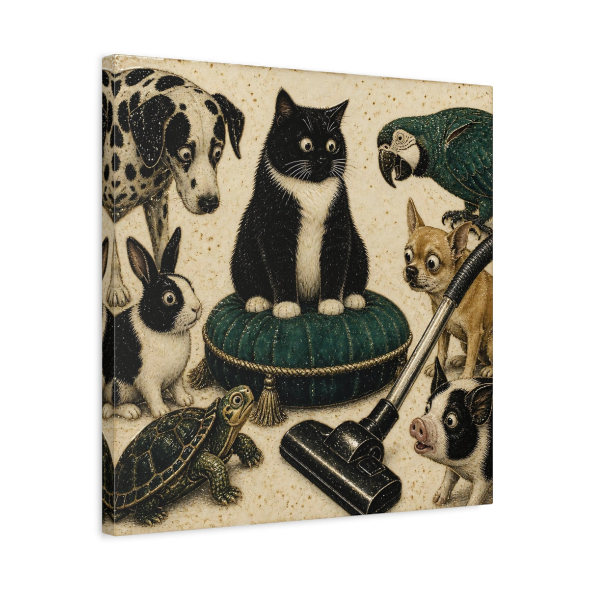 Side Mockup 5. Funny Tuxedo Cat Cushion shown as canvas print