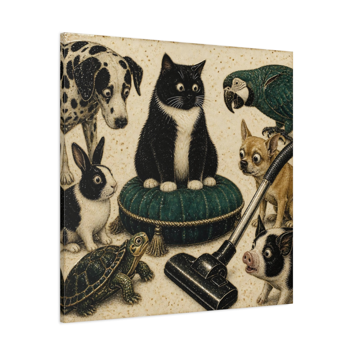 Side Mockup 1. Funny Tuxedo Cat Cushion shown as canvas print