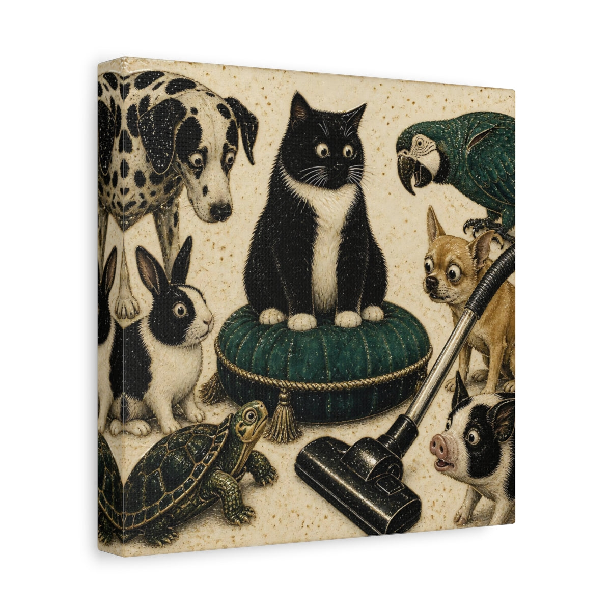 Side Mockup 9. Funny Tuxedo Cat Cushion shown as canvas print