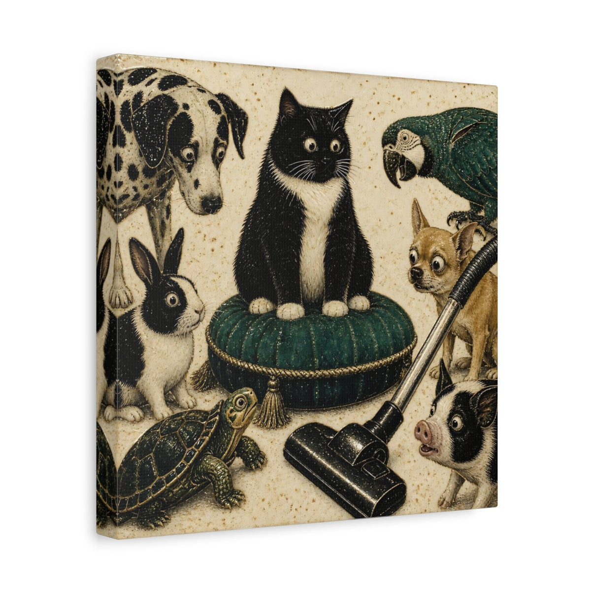 Side Mockup 8. Funny Tuxedo Cat Cushion shown as canvas print