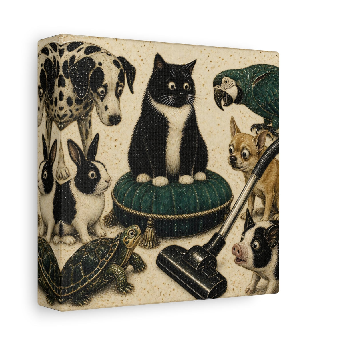 Side Mockup 2. Funny Tuxedo Cat Cushion shown as canvas print