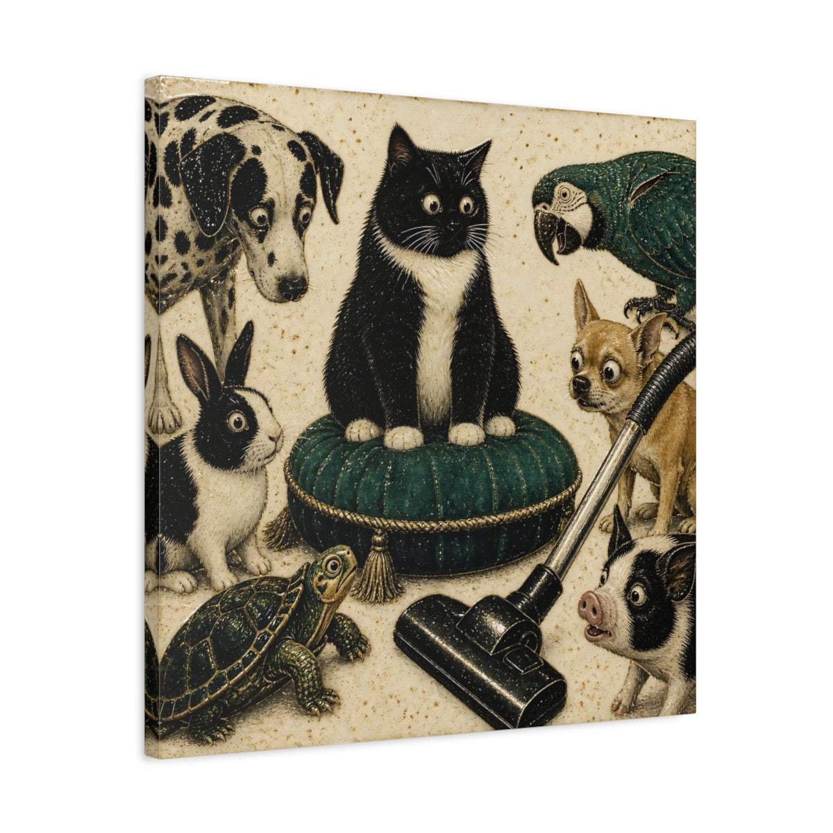 Side Mockup 4. Funny Tuxedo Cat Cushion shown as canvas print