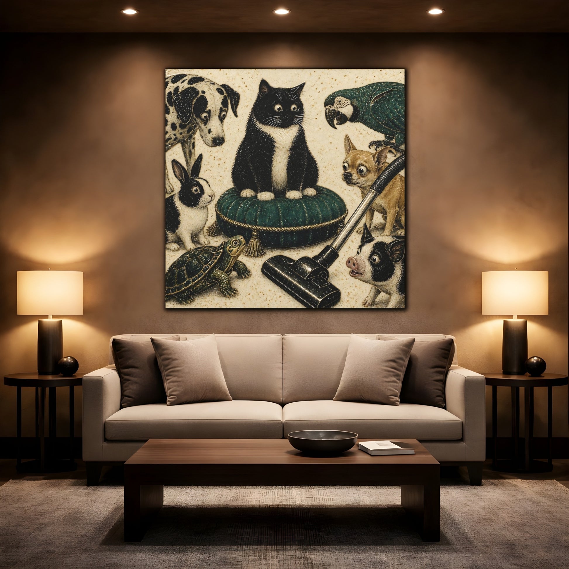 Mockup 2. Funny Tuxedo Cat Cushion shown as canvas print
