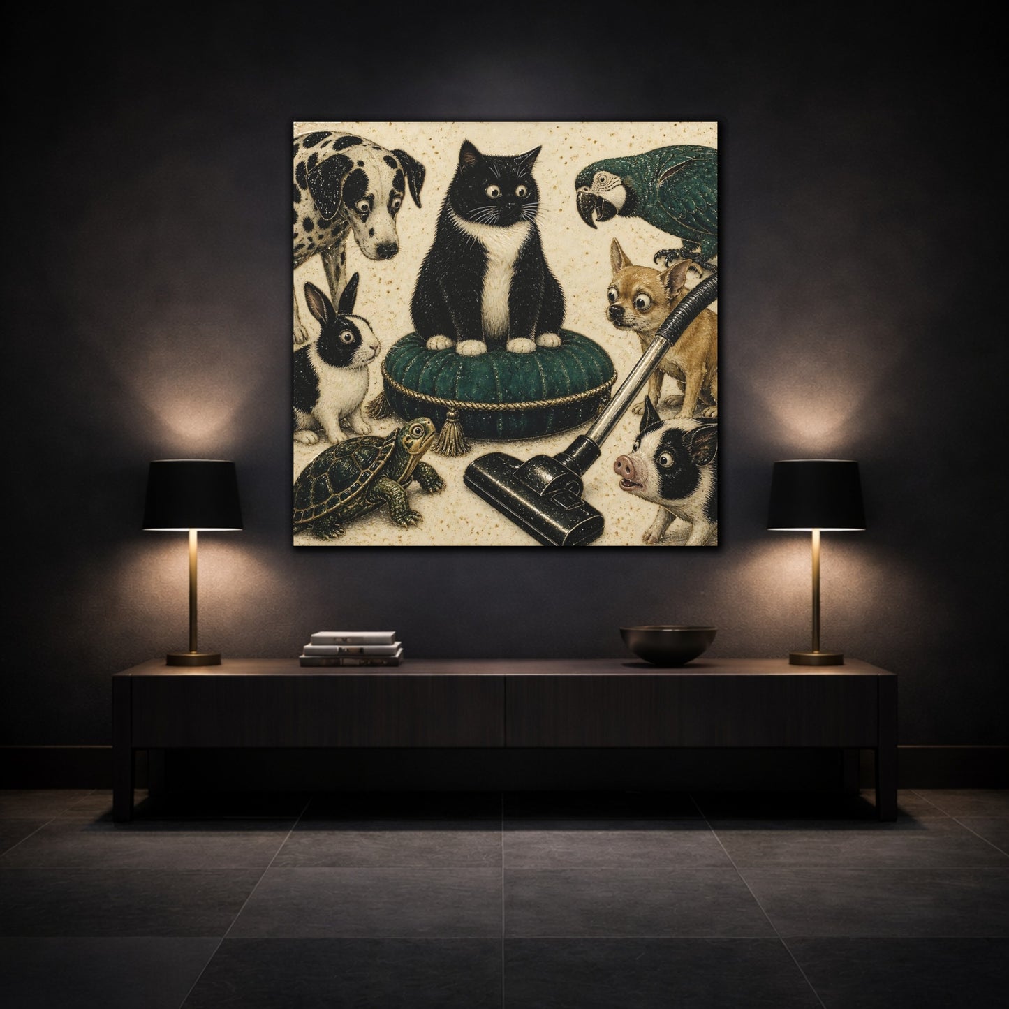 Mockup 3. Funny Tuxedo Cat Cushion shown as canvas print
