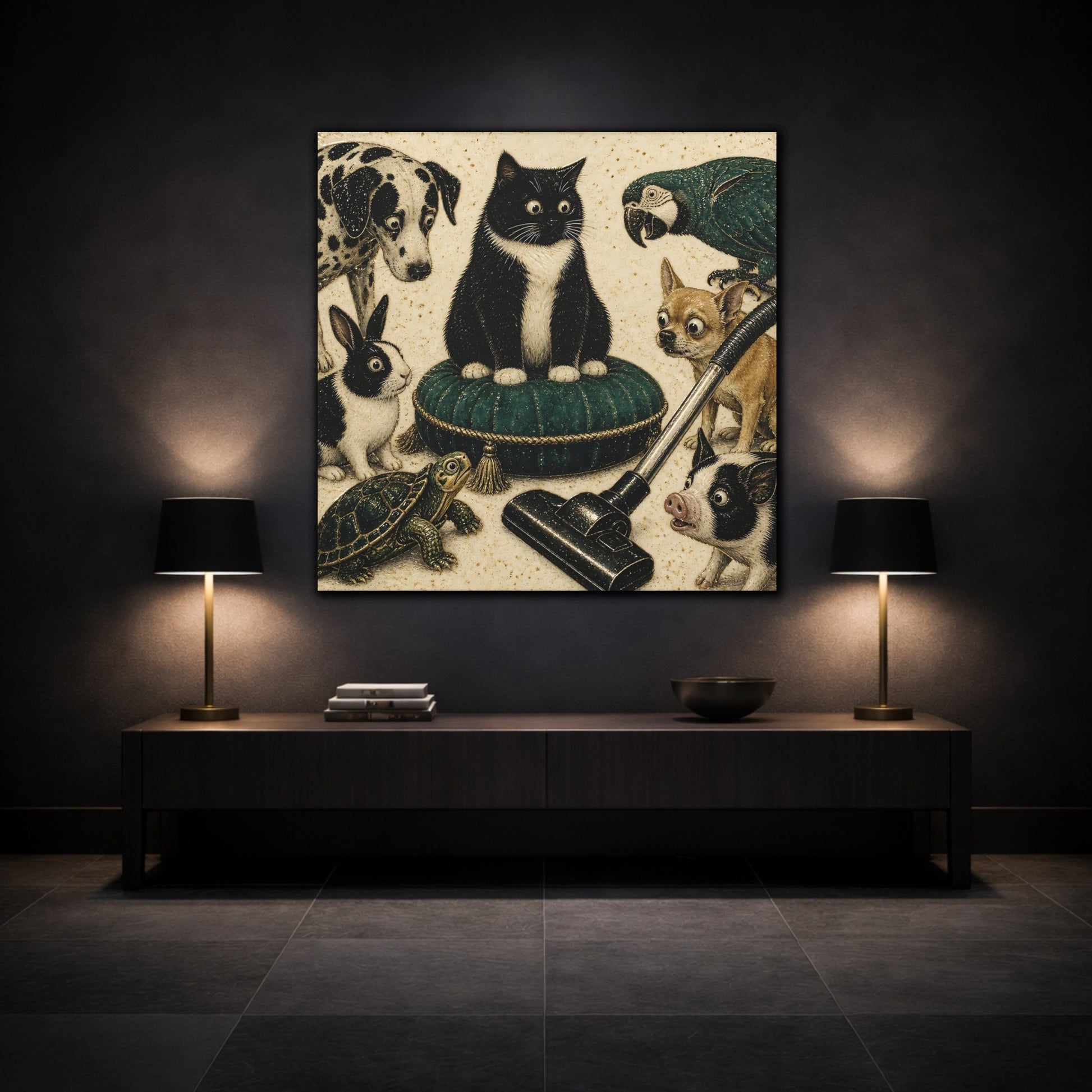Mockup 3. Funny Tuxedo Cat Cushion shown as canvas print