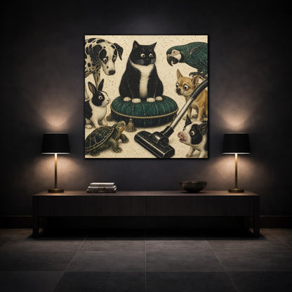 Mockup 3. Funny Tuxedo Cat Cushion shown as canvas print