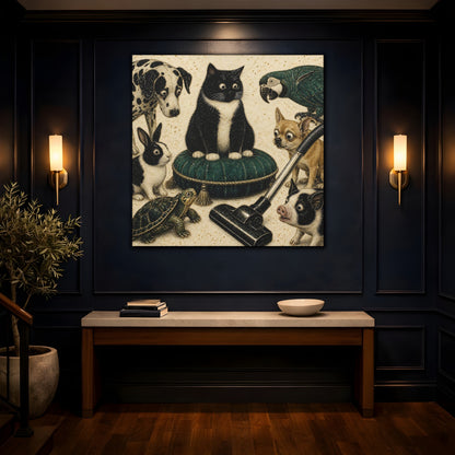 Mockup 4. Funny Tuxedo Cat Cushion shown as canvas print