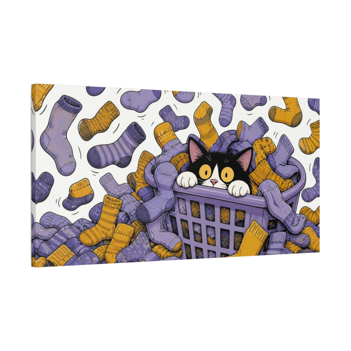 Main Mockup. Funny Tuxedo Cat In Basket shown as canvas print
