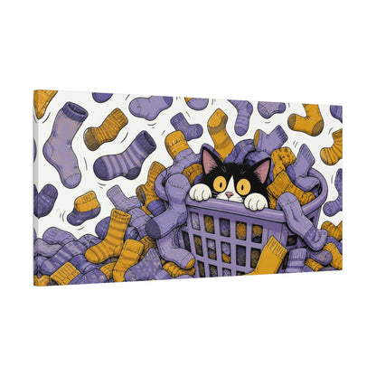 Main Mockup. Funny Tuxedo Cat In Basket shown as canvas print