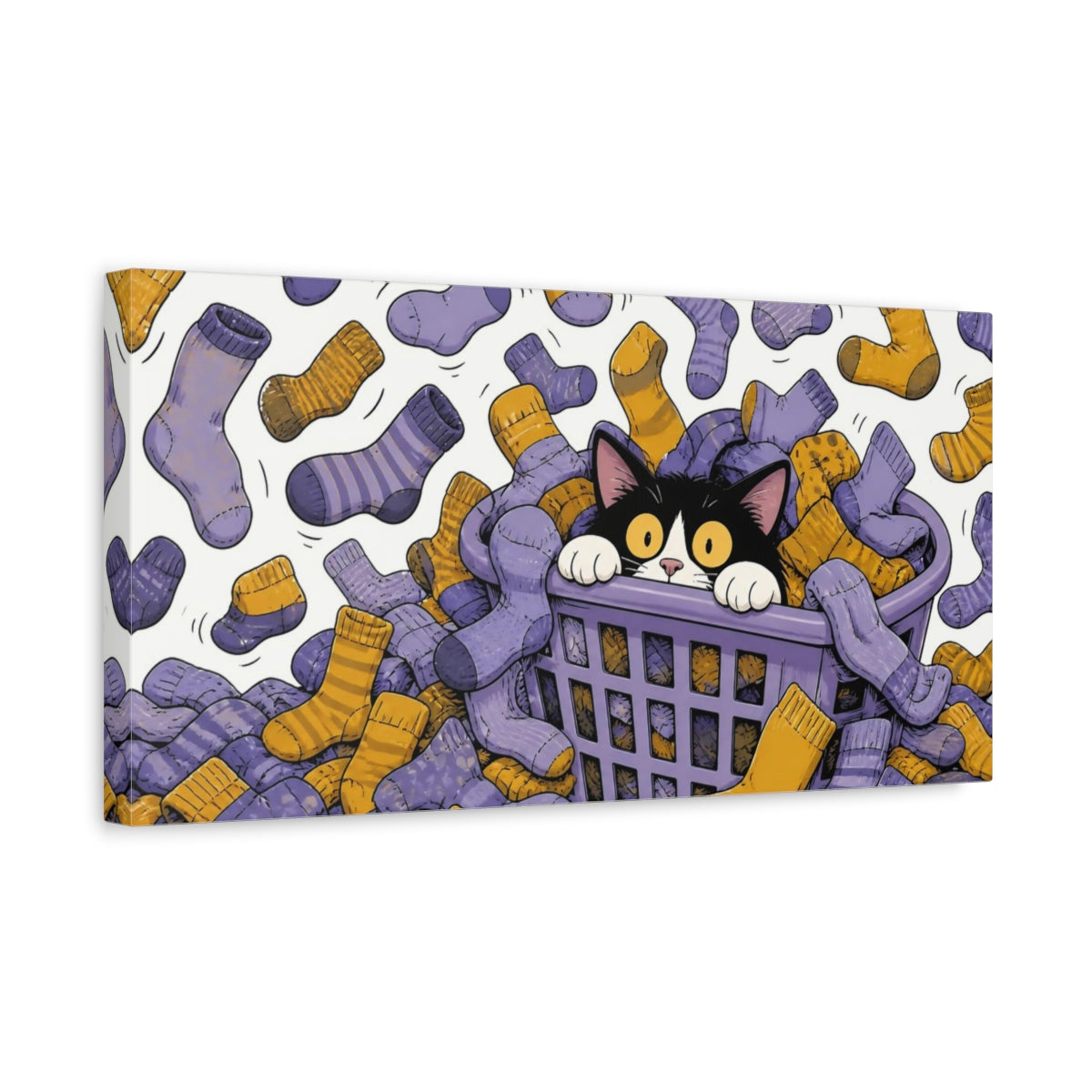 Side Mockup 3. Funny Tuxedo Cat In Basket shown as canvas print