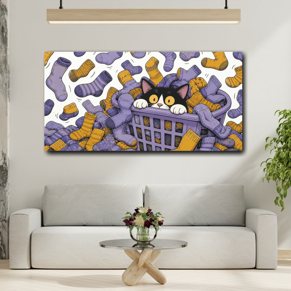 Mockup 2. Funny Tuxedo Cat In Basket shown as canvas print