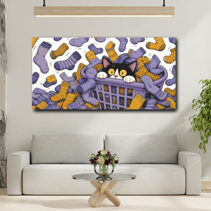 Mockup 2. Funny Tuxedo Cat In Basket shown as canvas print