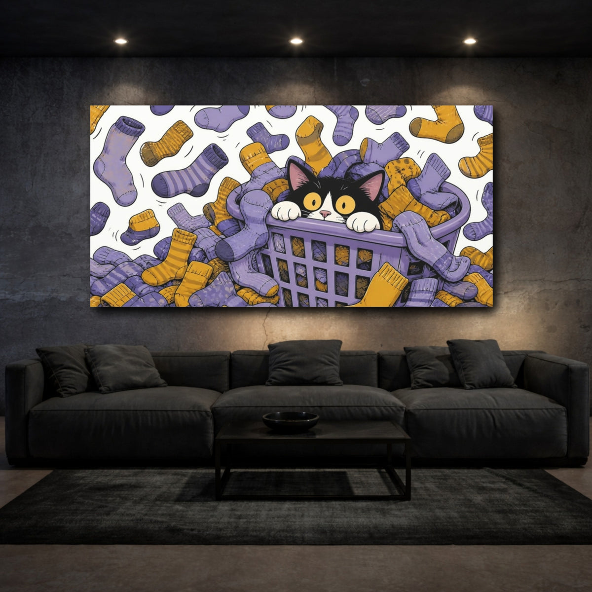 Mockup 3. Funny Tuxedo Cat In Basket shown as canvas print