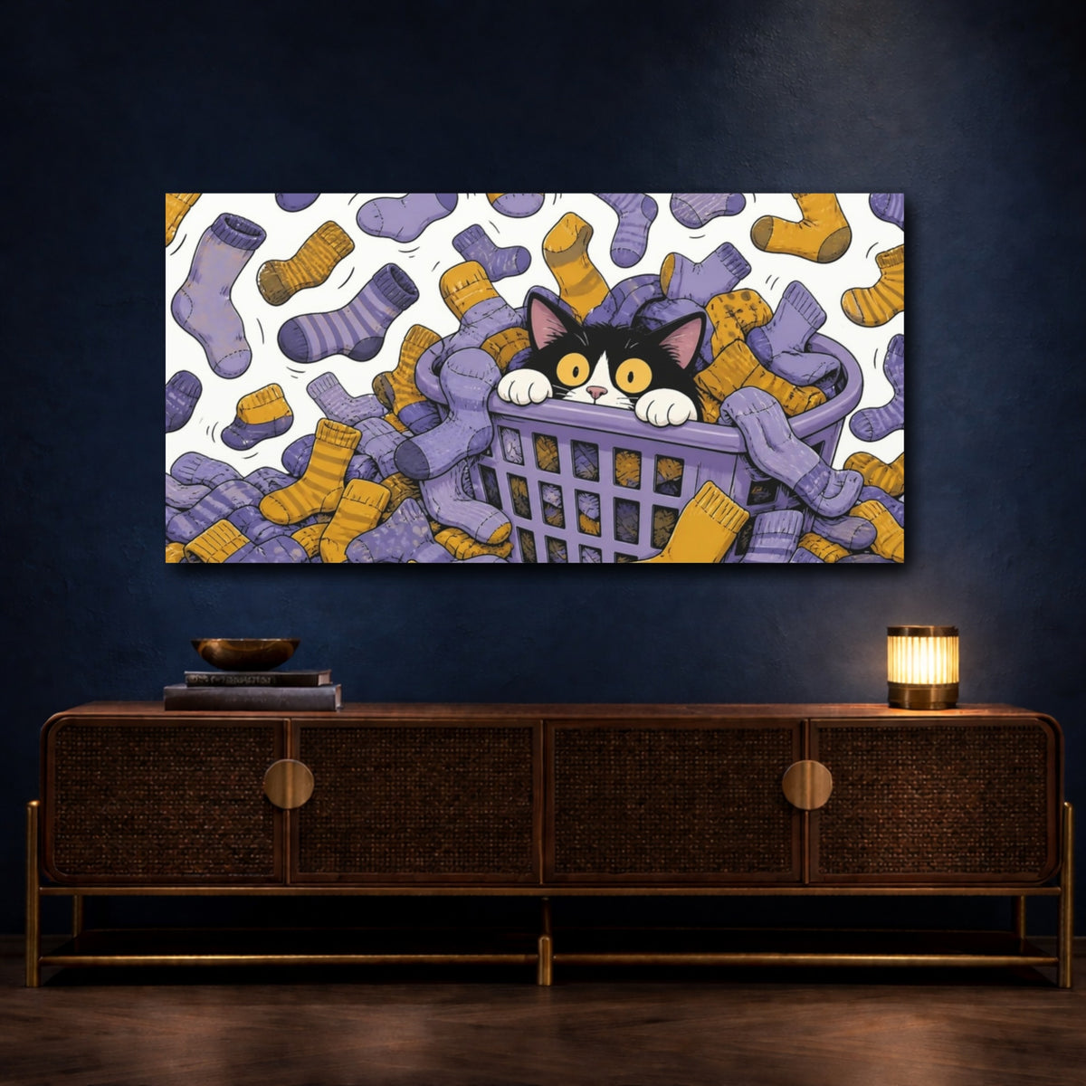 Mockup 4. Funny Tuxedo Cat In Basket shown as canvas print