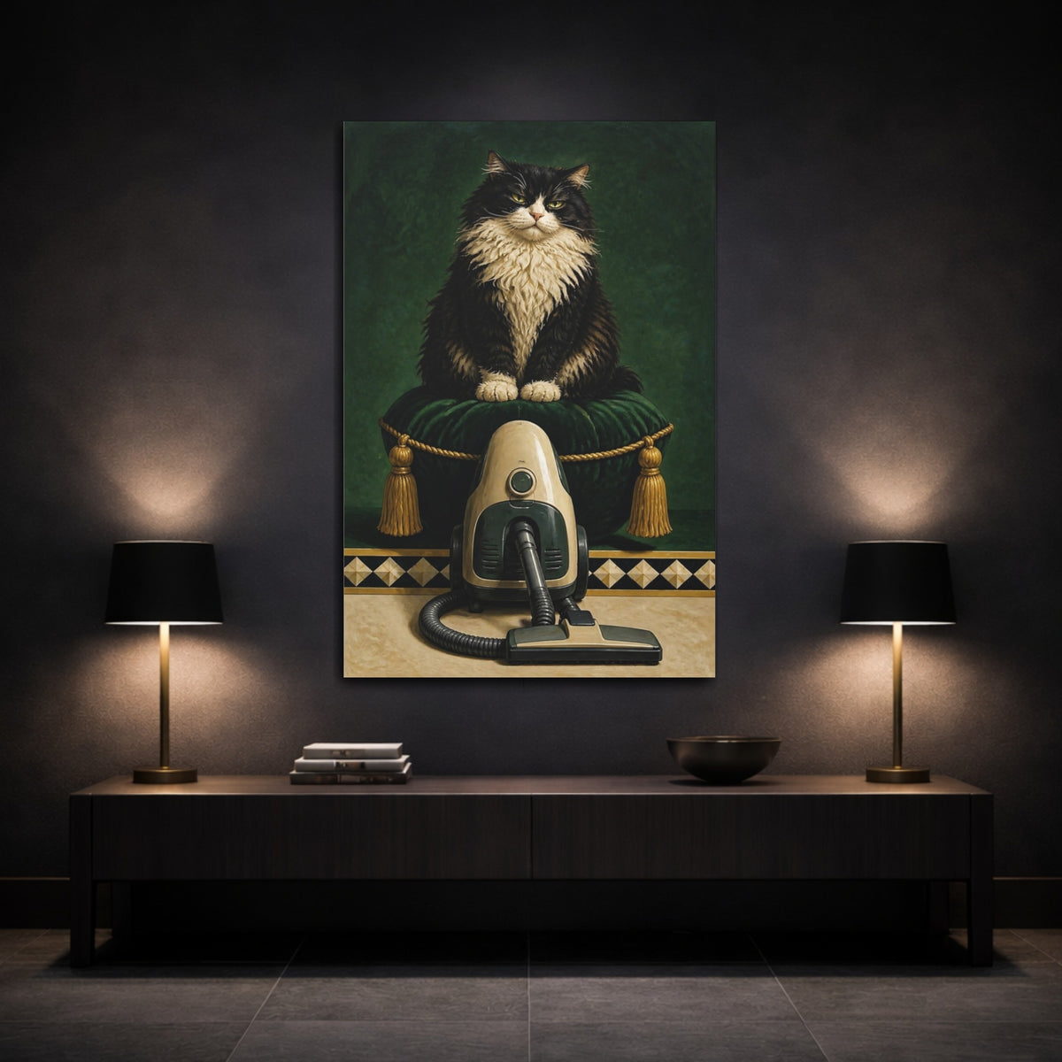 Mockup 3. Funny Tuxedo Cat shown as canvas print