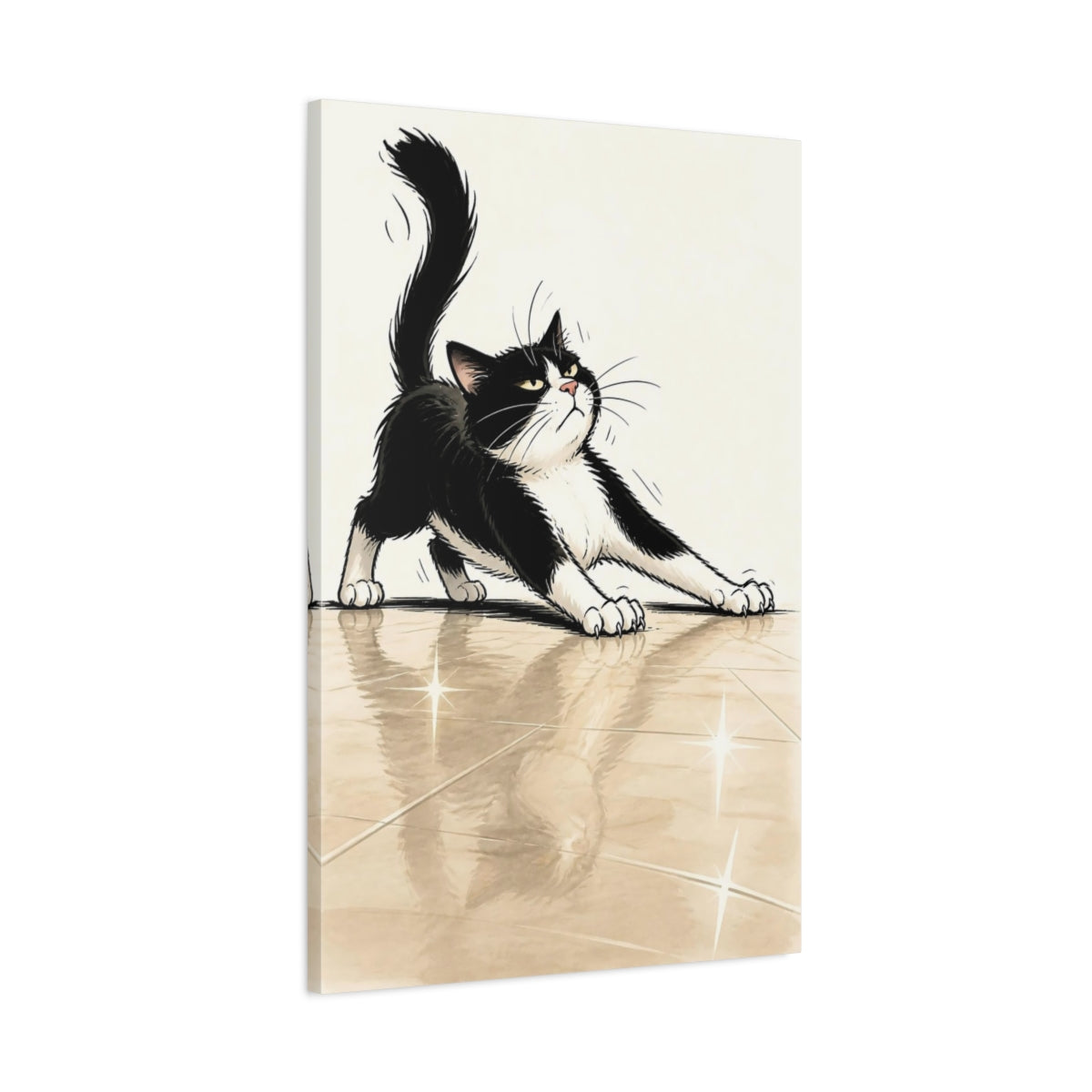 Main Mockup. Funny Tuxedo Cat Stretch shown as canvas print