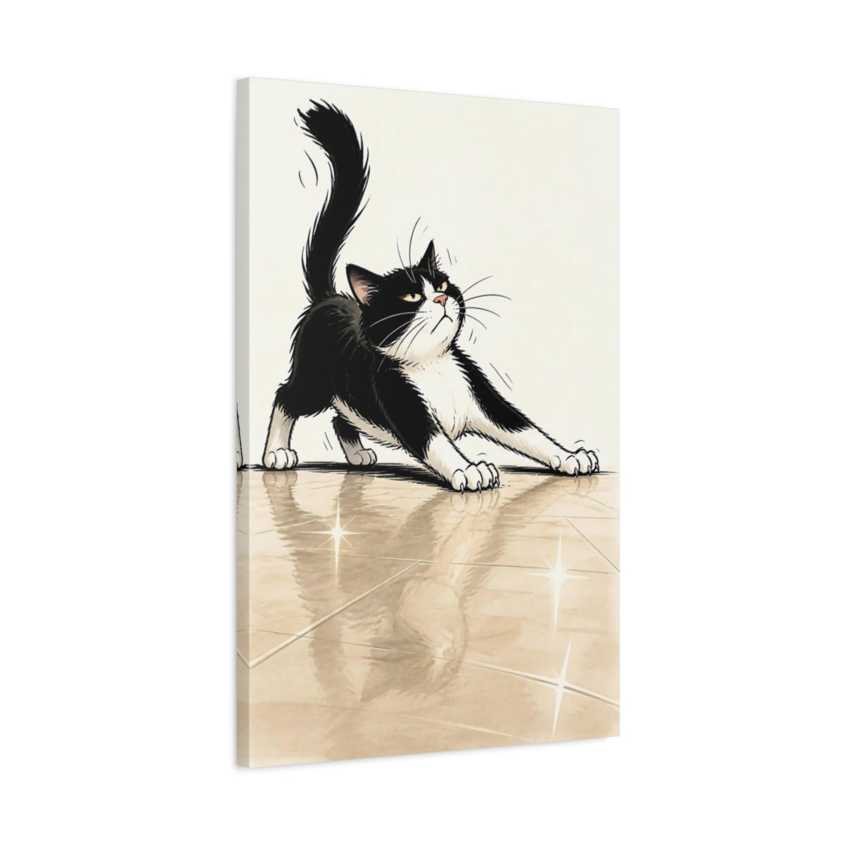 Side Mockup 2. Funny Tuxedo Cat Stretch shown as canvas print