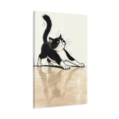 Side Mockup 2. Funny Tuxedo Cat Stretch shown as canvas print