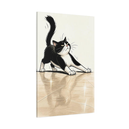 Side Mockup 1. Funny Tuxedo Cat Stretch shown as canvas print