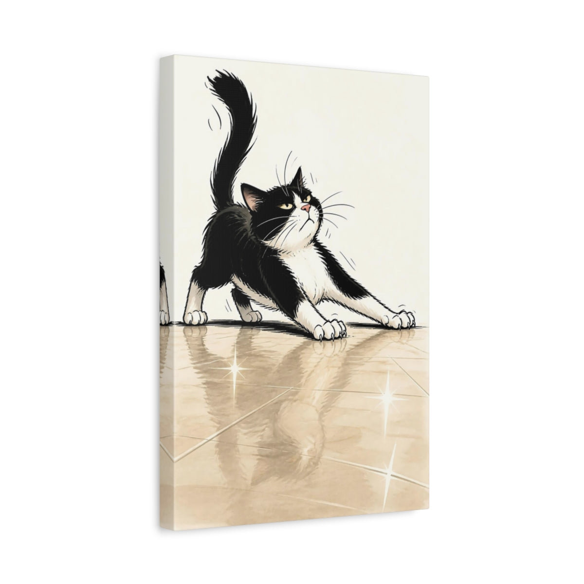Side Mockup 4. Funny Tuxedo Cat Stretch shown as canvas print