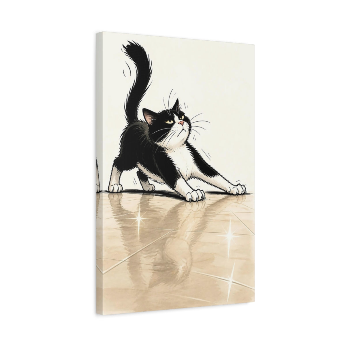 Side Mockup 3. Funny Tuxedo Cat Stretch shown as canvas print
