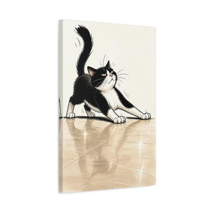Side Mockup 3. Funny Tuxedo Cat Stretch shown as canvas print
