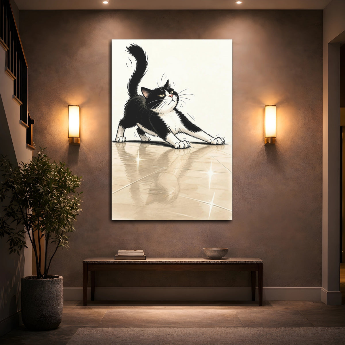 Mockup 2. Funny Tuxedo Cat Stretch shown as canvas print