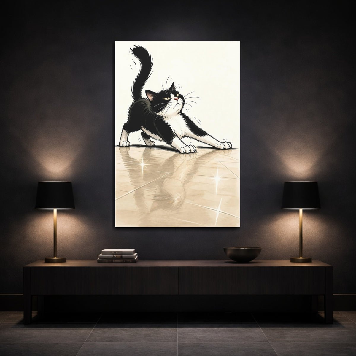 Mockup 3. Funny Tuxedo Cat Stretch shown as canvas print