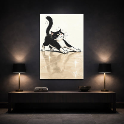 Mockup 3. Funny Tuxedo Cat Stretch shown as canvas print