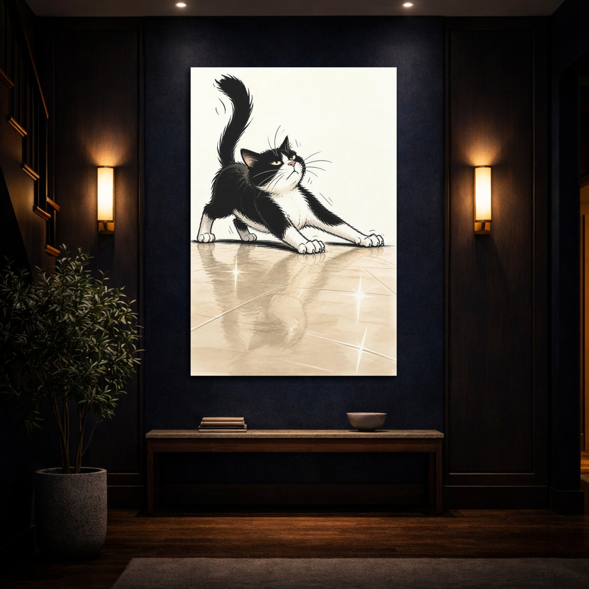 Mockup 4. Funny Tuxedo Cat Stretch shown as canvas print