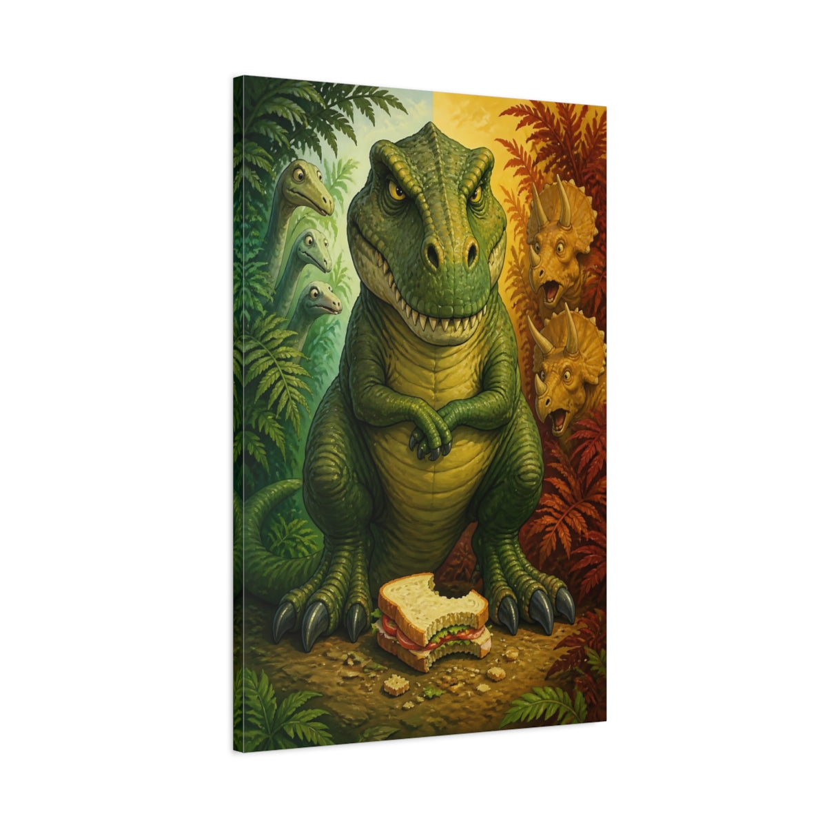 Main Mockup. Funny Tyrannosaur Guarding Sandwich shown as canvas print