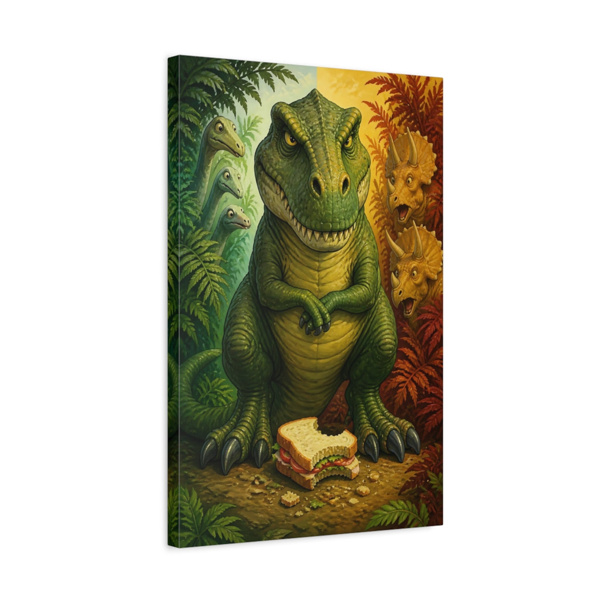 Side Mockup 3. Funny Tyrannosaur Guarding Sandwich shown as canvas print