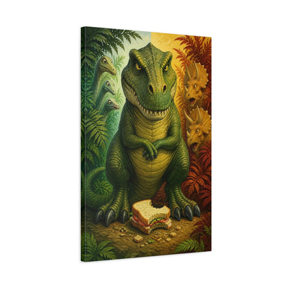 Side Mockup 2. Funny Tyrannosaur Guarding Sandwich shown as canvas print
