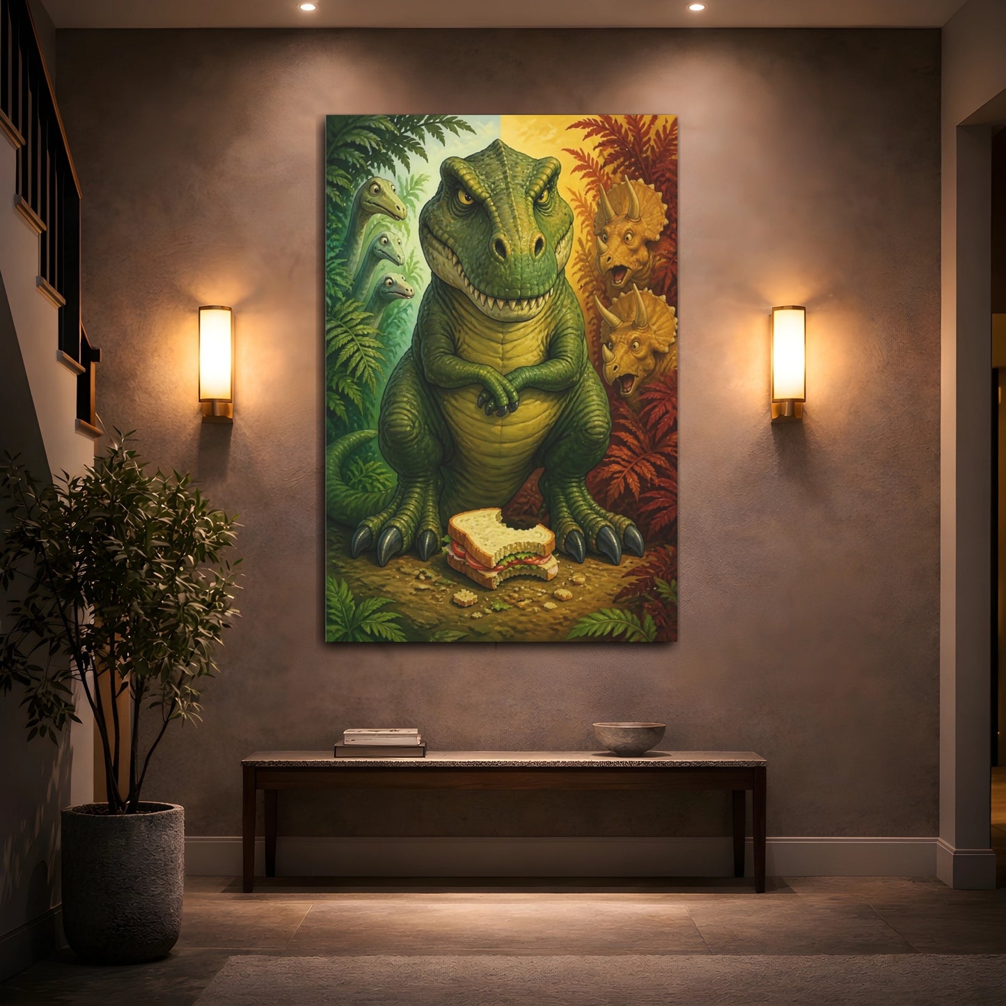 Mockup 2. Funny Tyrannosaur Guarding Sandwich shown as canvas print