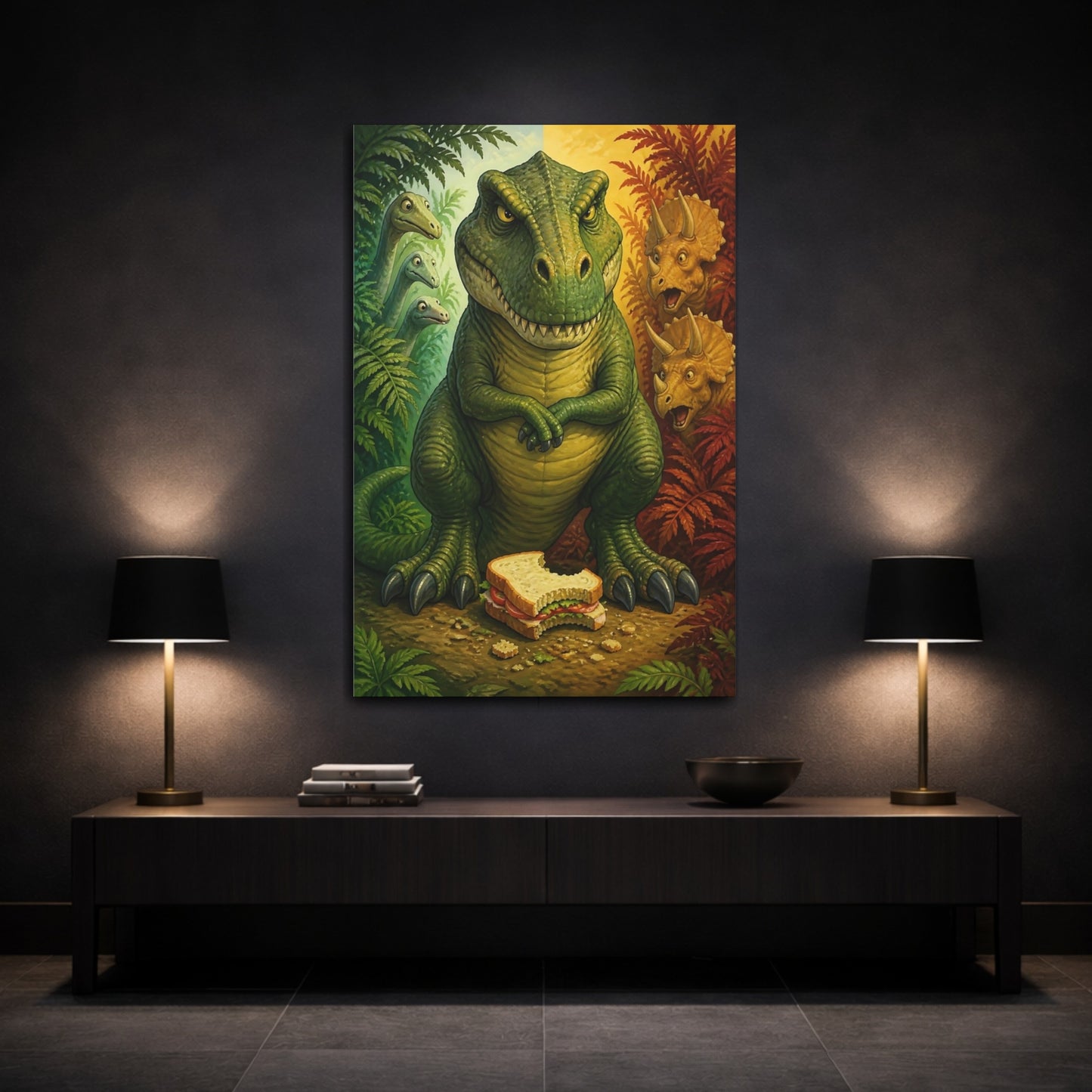 Mockup 3. Funny Tyrannosaur Guarding Sandwich shown as canvas print