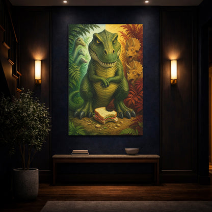 Mockup 4. Funny Tyrannosaur Guarding Sandwich shown as canvas print