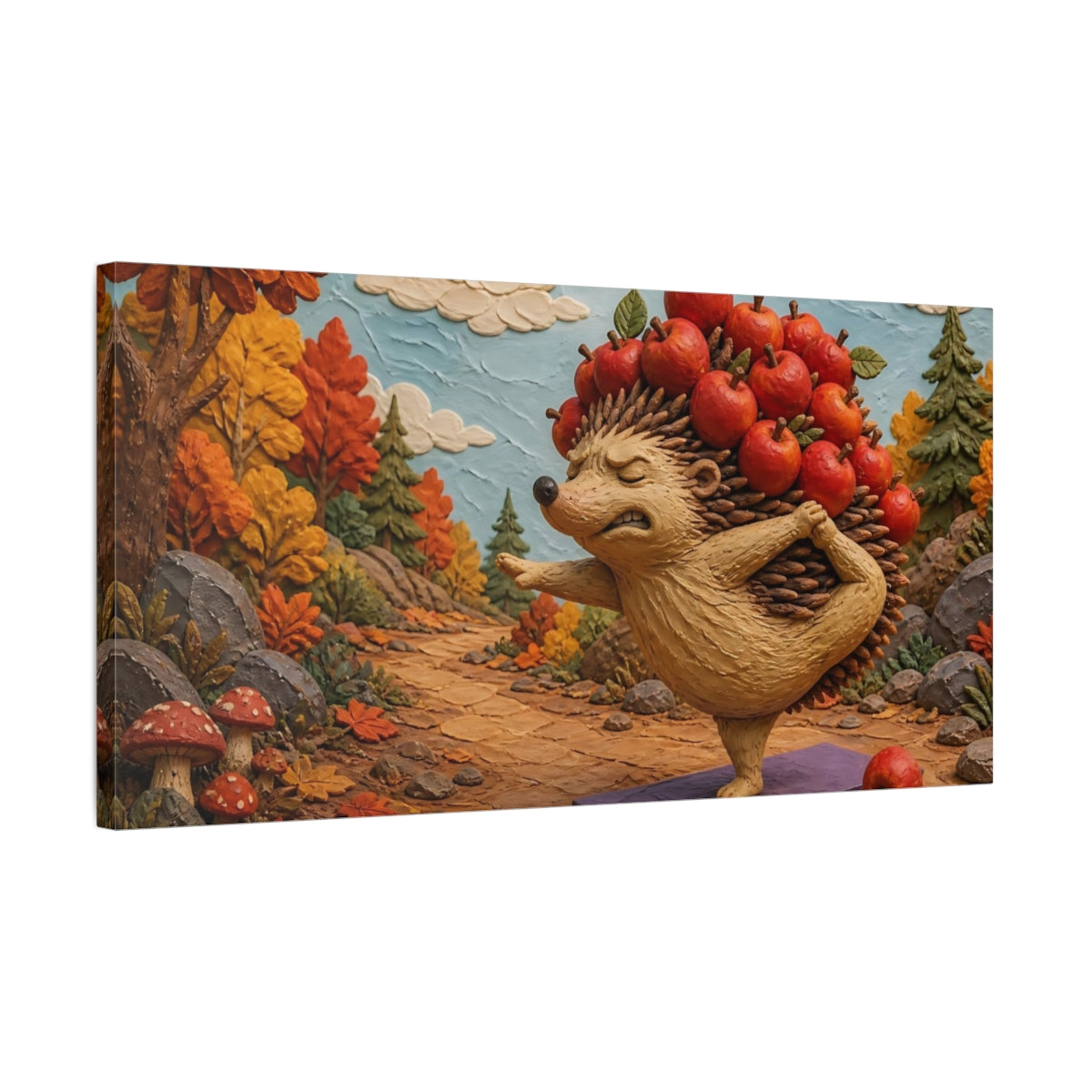 Side Mockup 1. Funny Yoga Hedgehog shown as canvas print