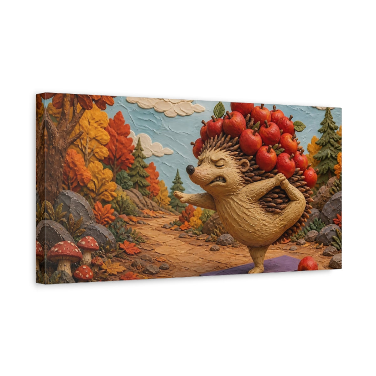 Side Mockup 3. Funny Yoga Hedgehog shown as canvas print