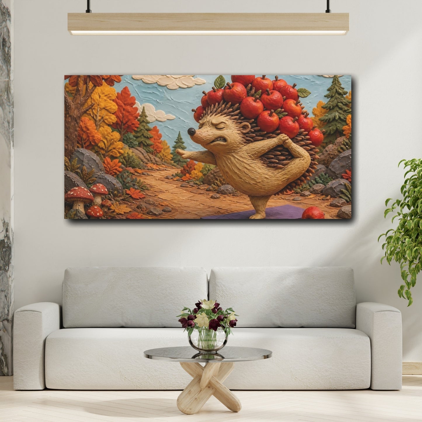 Mockup 2. Funny Yoga Hedgehog shown as canvas print