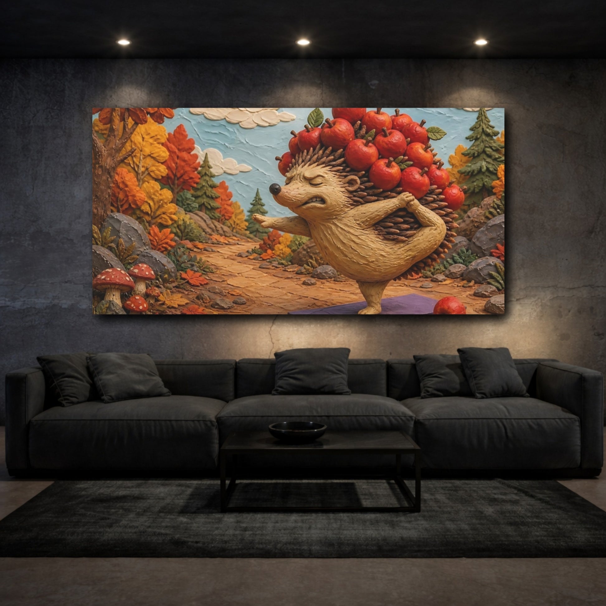 Mockup 3. Funny Yoga Hedgehog shown as canvas print