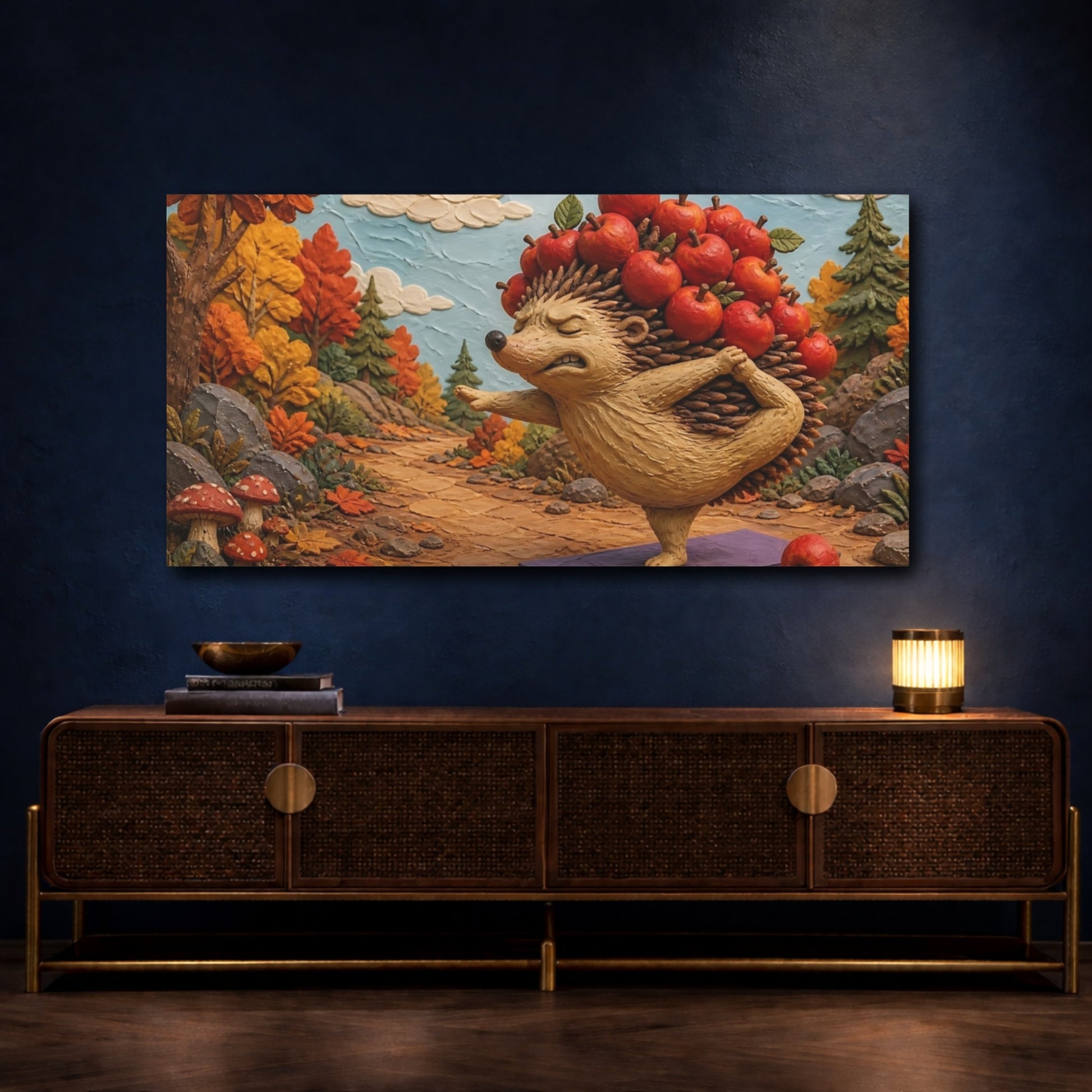 Mockup 4. Funny Yoga Hedgehog shown as canvas print