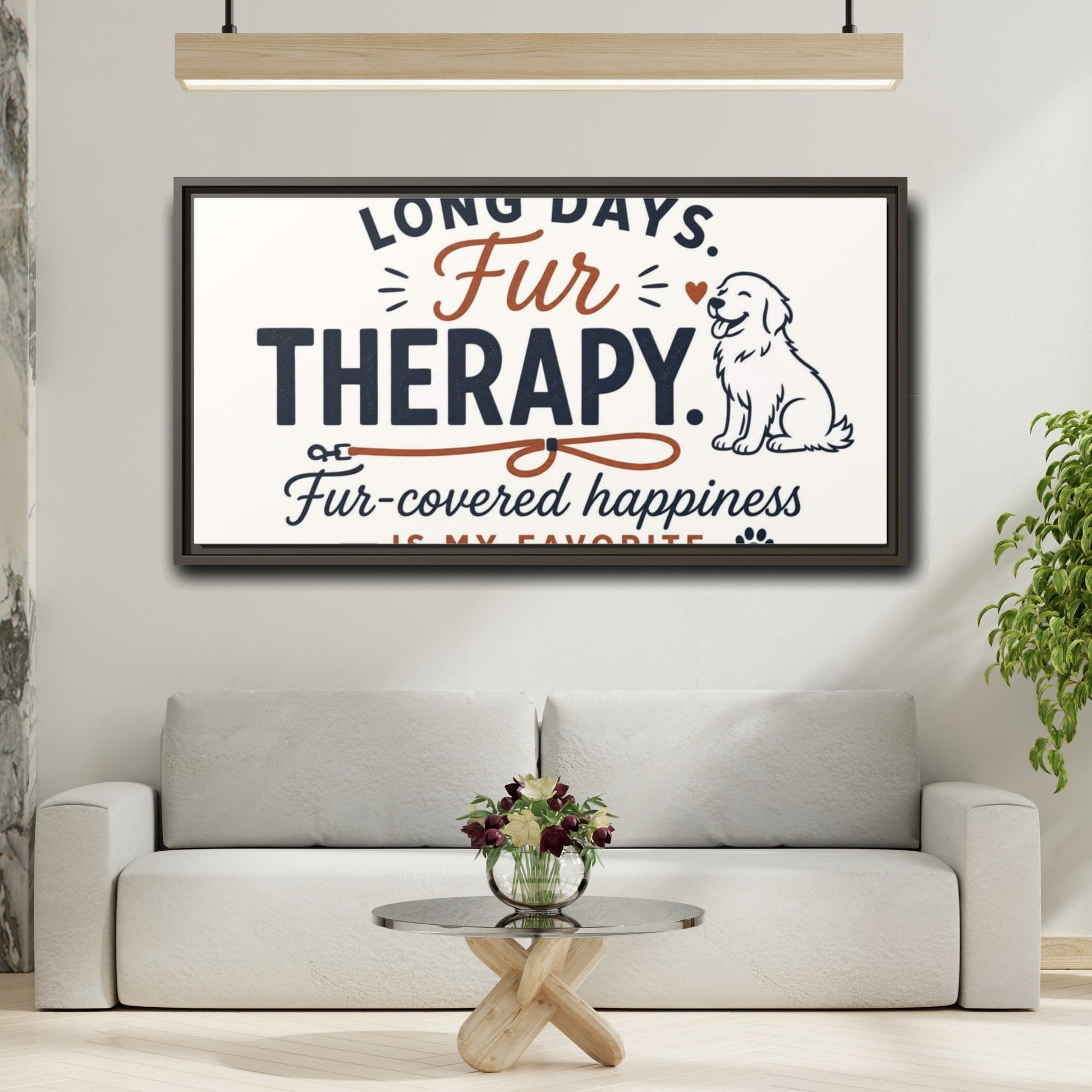Mockup 2. Fur Therapy Dog Quote shown as framed canvas print