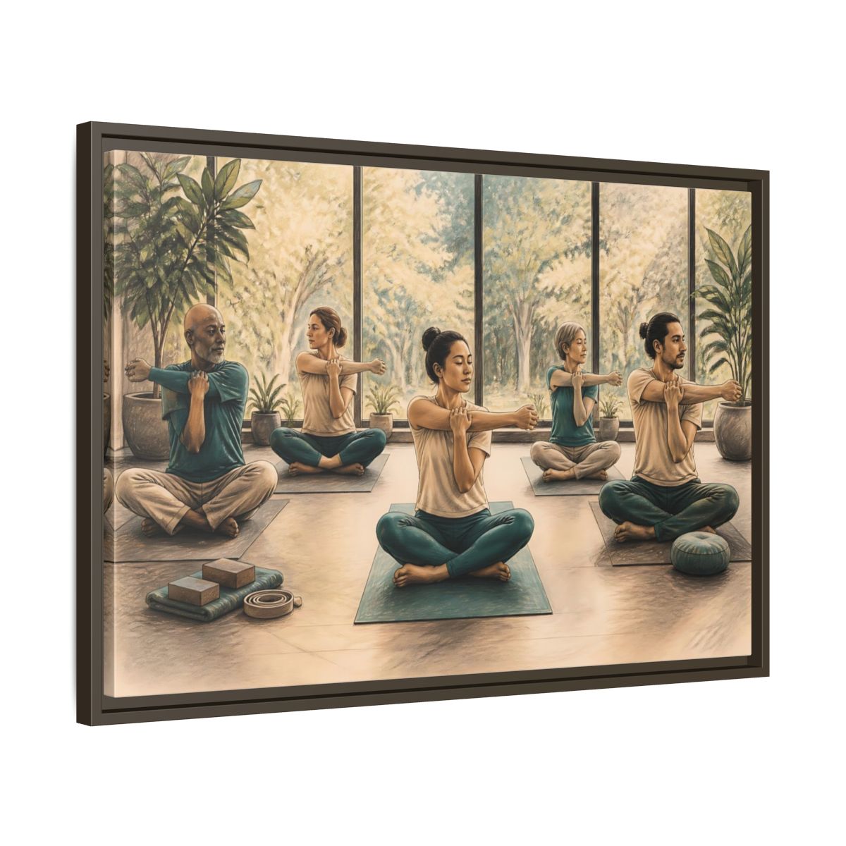 Side Mockup 11. Gentle Yoga Group Stretch shown as framed canvas print