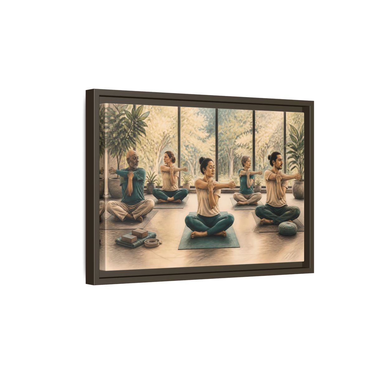 Side Mockup 5. Gentle Yoga Group Stretch shown as framed canvas print