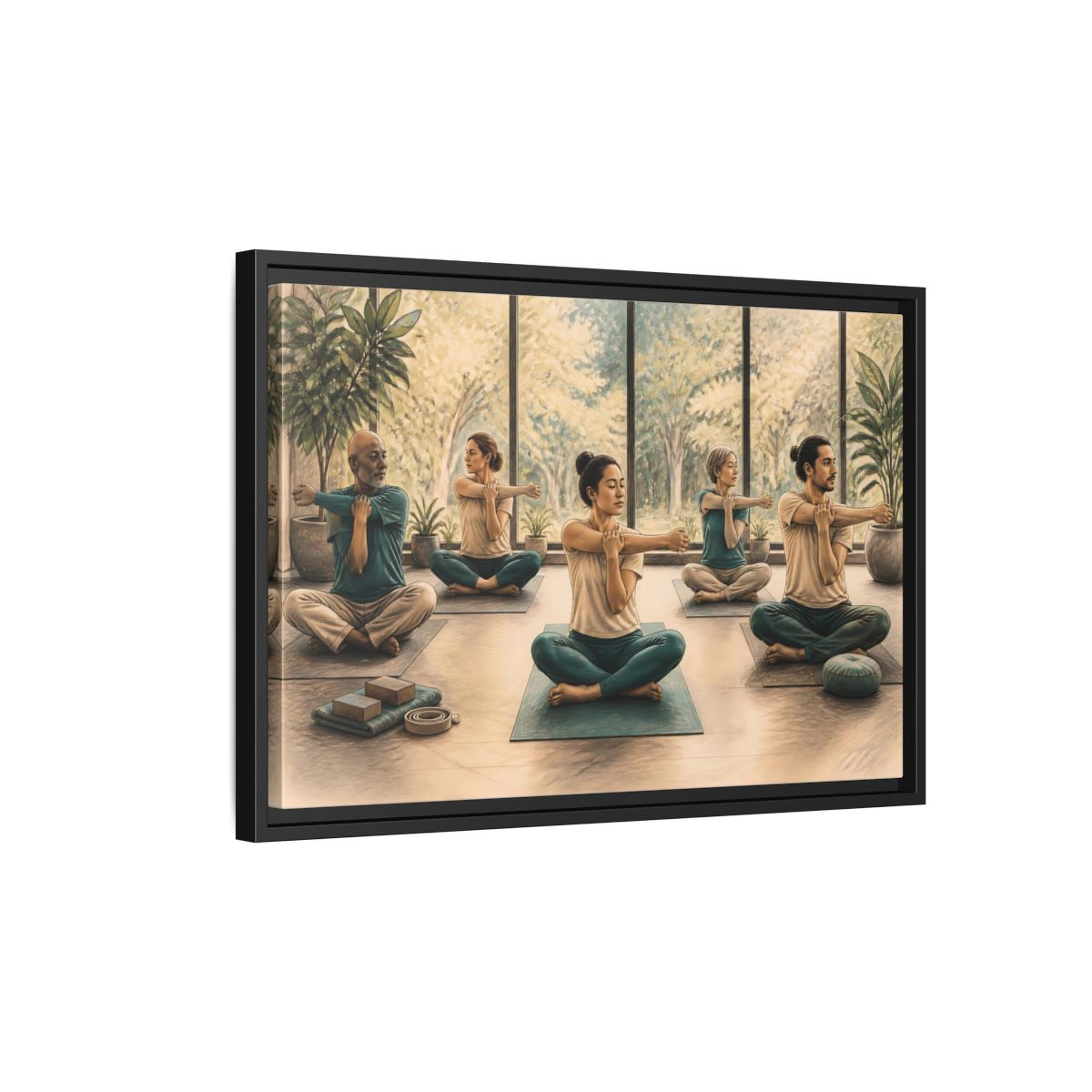 Side Mockup 3. Gentle Yoga Group Stretch shown as framed canvas print