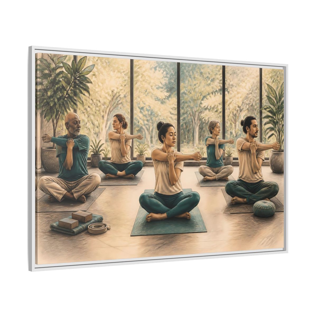 Side Mockup 7. Gentle Yoga Group Stretch shown as framed canvas print