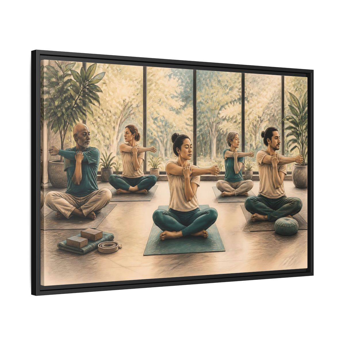 Side Mockup 13. Gentle Yoga Group Stretch shown as framed canvas print